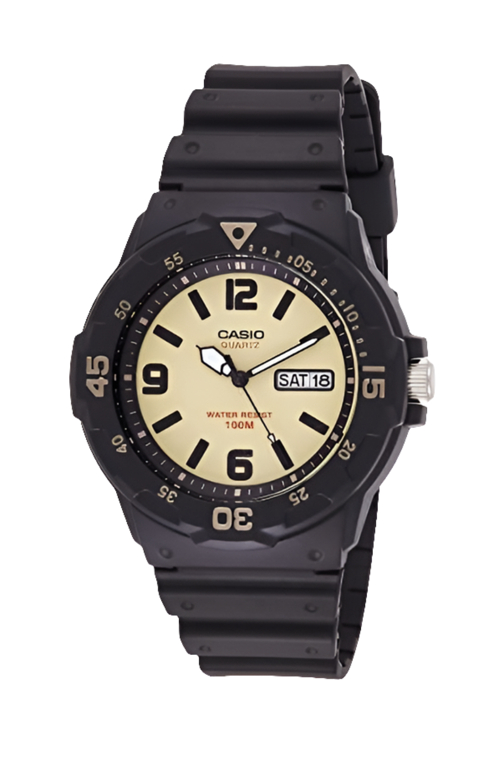 Casio analog watch with black resin band and 100-meter water resistance MRW-200H-5BVDF