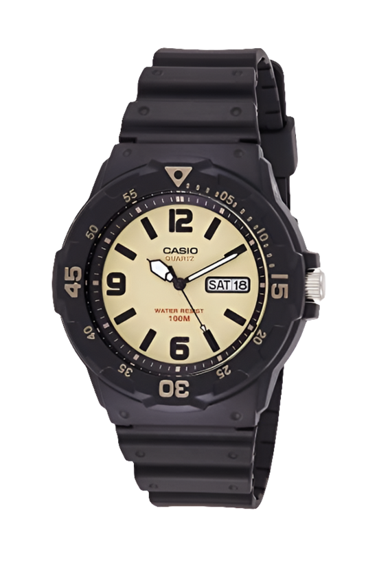 Casio analog watch with black resin band and 100-meter water resistance MRW-200H-5BVDF