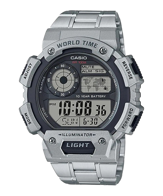 Casio Silver Digital Watch with World Time and Stainless Steel Band AE-1400WHD-1A