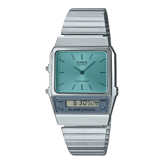 Casio Silver Digital-Analog Watch with Blue Dial and Stainless Steel Band AQ-800EC-2A