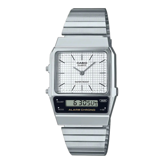 Casio Silver Digital-Analog Watch with White Dial and Stainless Steel Band AQ-800E-7A
