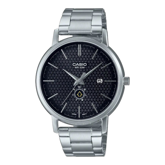 Casio Silver Analog Watch with Black Dial and Stainless Steel Band MTP-B125D-1A