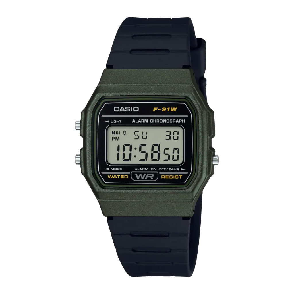 Casio digital resin strap watch with military green design F-91WM-3ADF