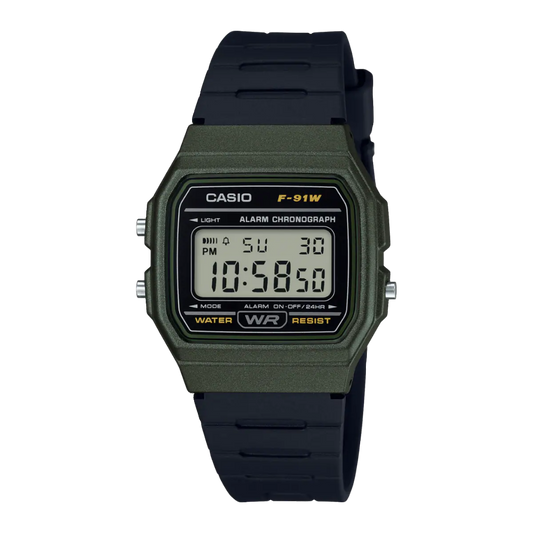 Casio digital resin strap watch with military green design F-91WM-3ADF