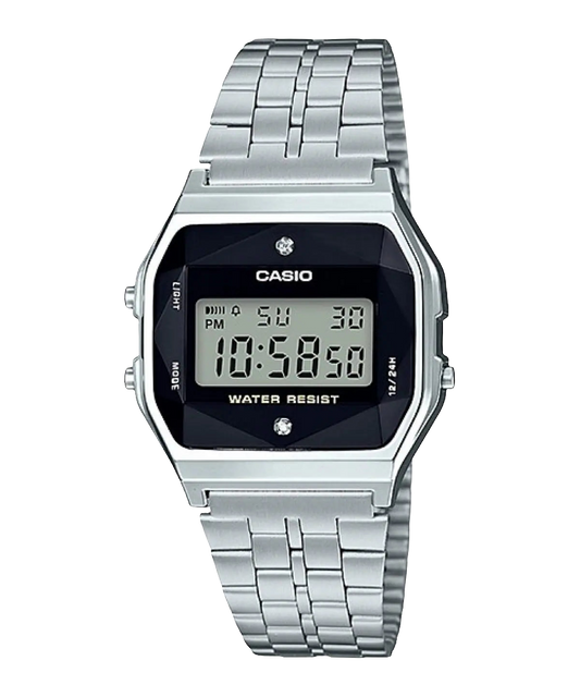 Casio digital stainless steel watch with diamond accents A159WAD-1DF