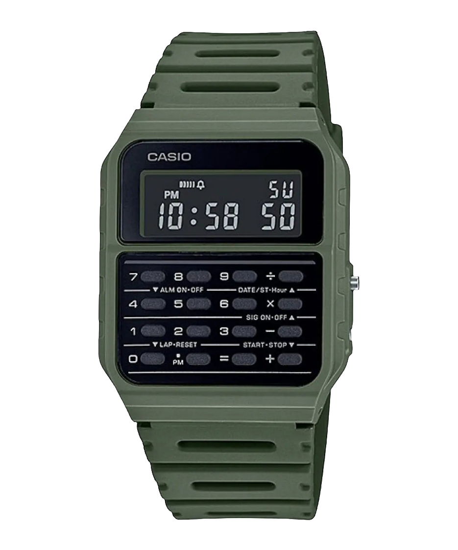 Casio digital resin strap watch with calculator and green dial CA-53WF-3BDF