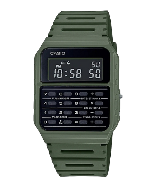 Casio digital resin strap watch with calculator and green dial CA-53WF-3BDF