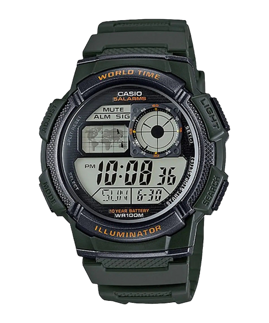 Casio digital resin strap watch with world time and green band AE-1000W-3AVDF