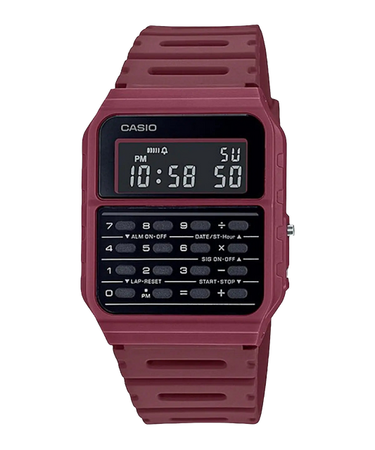 Casio digital resin strap watch with calculator and red dial CA-53WF-4BDF