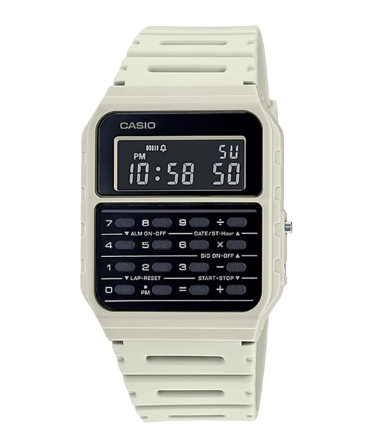 Casio digital resin strap watch with calculator and grey dial CA-53WF-8BDF