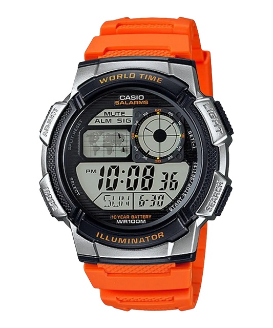 Casio digital resin strap watch with world time and orange band AE-1000W-4BVDF