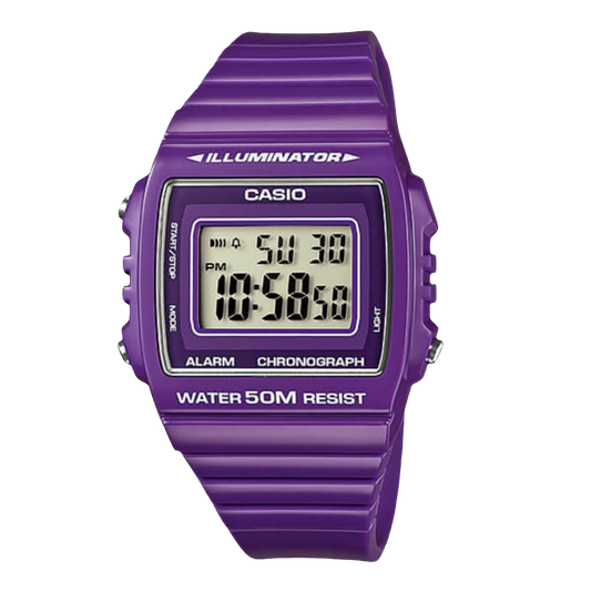 Casio digital resin strap watch with black dial and purple band W-215H-6AVDF