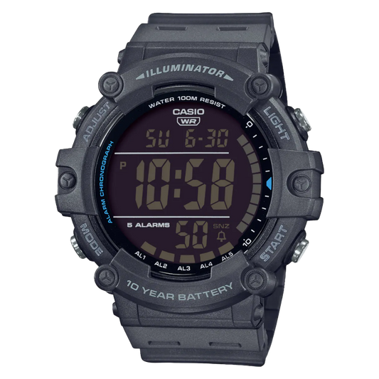 Casio digital resin strap watch with world time and grey band AE-1500WH-8BVDF