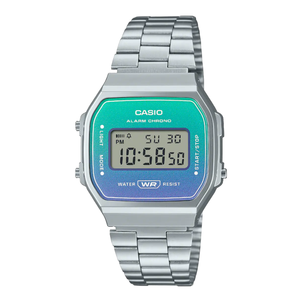 Casio digital stainless steel watch with blue dial A168WER-2ADF