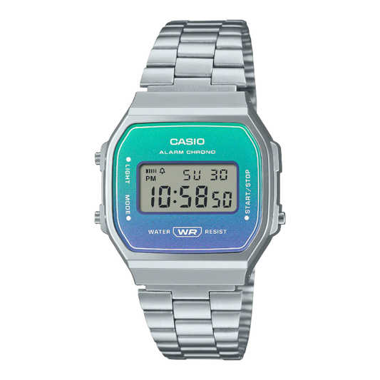 Casio digital stainless steel watch with blue dial A168WER-2ADF