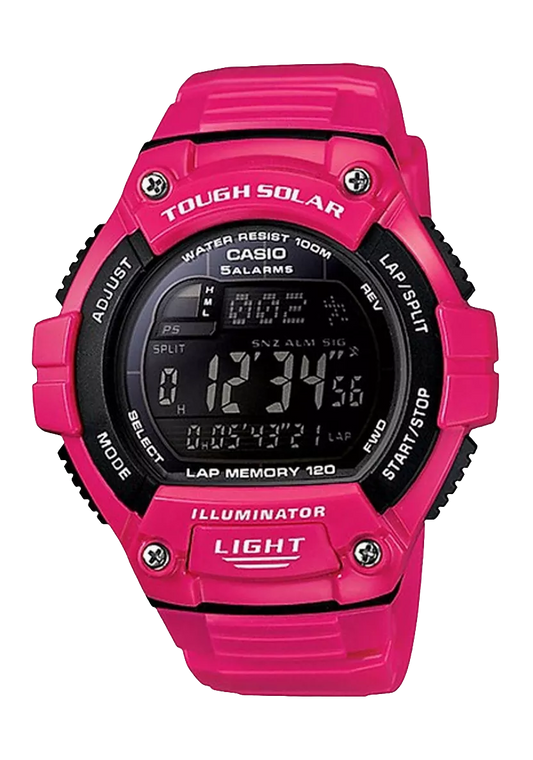 Casio digital resin strap watch with black dial and pink band W-S220C-4BVDF