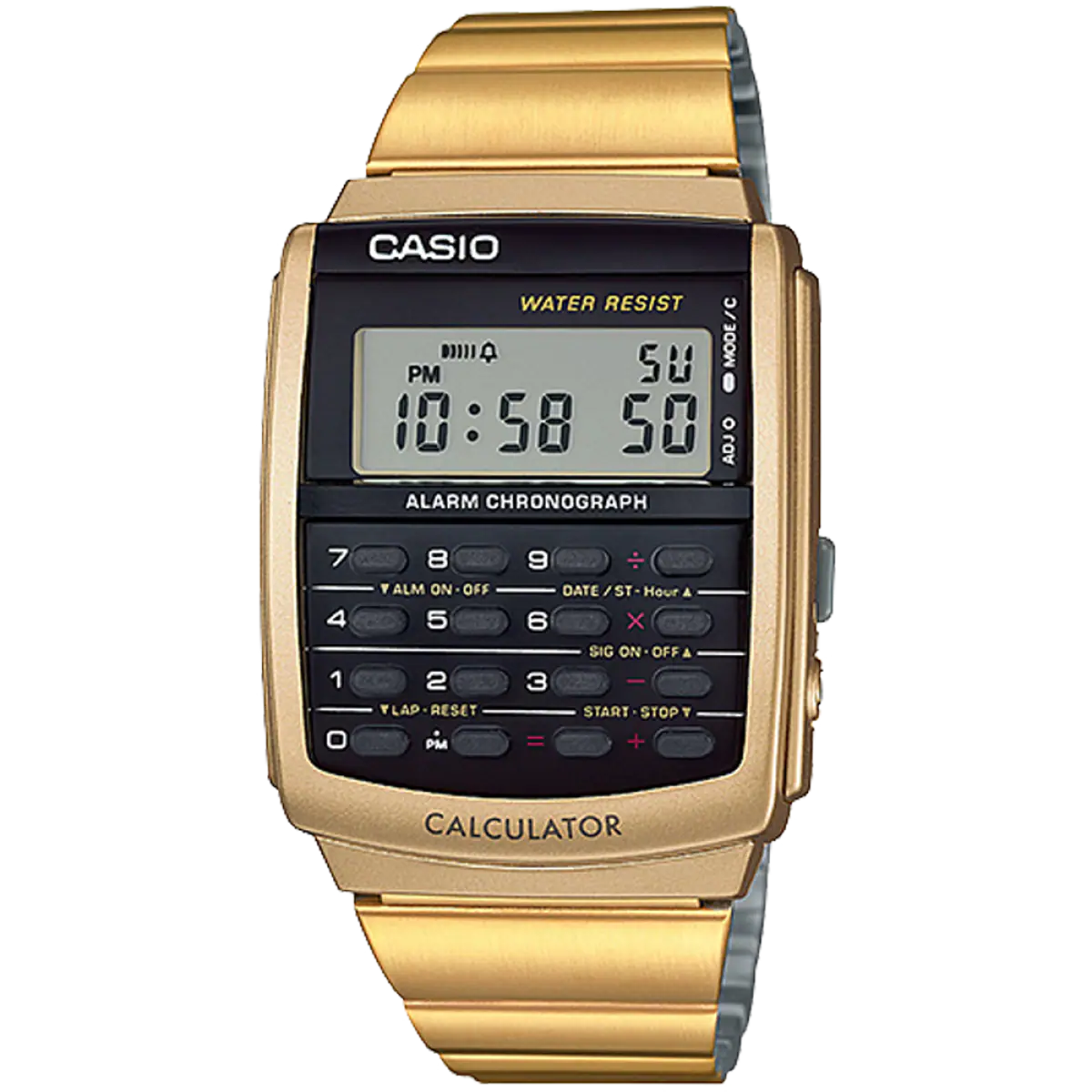 Casio calculator watch with stainless steel gold band CA-506G-9ADF