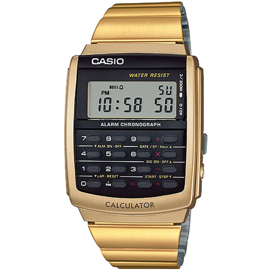 Casio calculator watch with stainless steel gold band CA-506G-9ADF