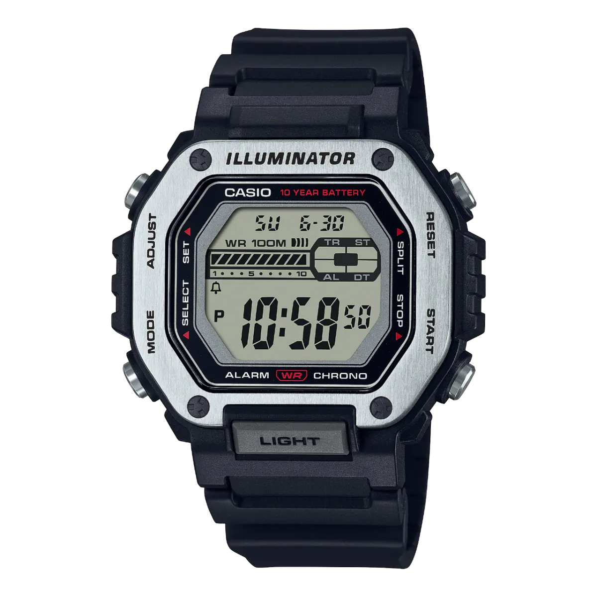 Casio digital resin strap watch with black dial and black band MWD-110H-1AVDF