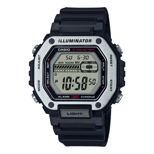 Casio digital resin strap watch with black dial and black band MWD-110H-1AVDF